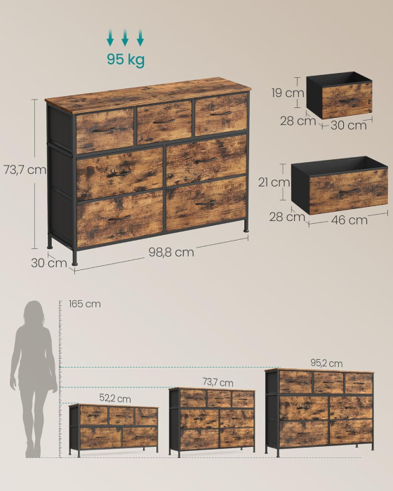 Comoda cu 7 sertare, cadru metalic si blat MDF, sertare textile, 99x30x74 cm, maro rustic [6]