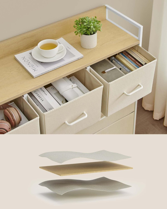 Comoda cu 7 sertare textile, cadru metalic si blat din PAL, design industrial, 98x29x85 cm, alb crem [9]