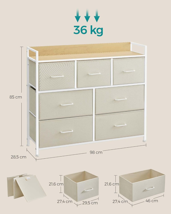 Comoda cu 7 sertare textile, cadru metalic si blat din PAL, design industrial, 98x29x85 cm, alb crem [3]