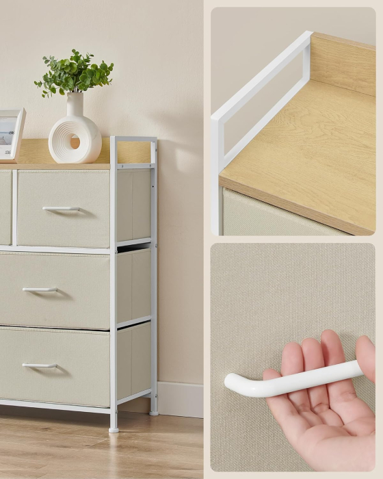 Comoda cu 7 sertare textile, cadru metalic si blat din PAL, design industrial, 98x29x85 cm, alb crem [8]