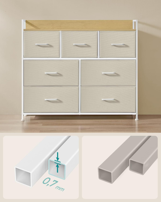 Comoda cu 7 sertare textile, cadru metalic si blat din PAL, design industrial, 98x29x85 cm, alb crem [5]