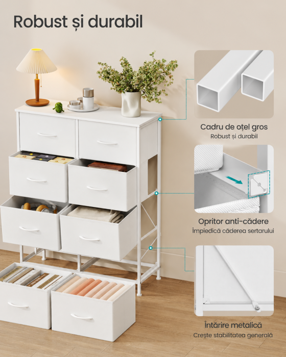 Comoda cu 8 sertare textile cu structura MDF, cadru metalic, stil minimalist, 77x30x95 cm, alb [4]