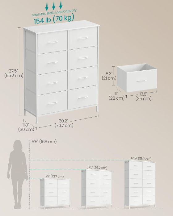 Comoda cu 8 sertare textile cu structura MDF, cadru metalic, stil minimalist, 77x30x95 cm, alb [2]