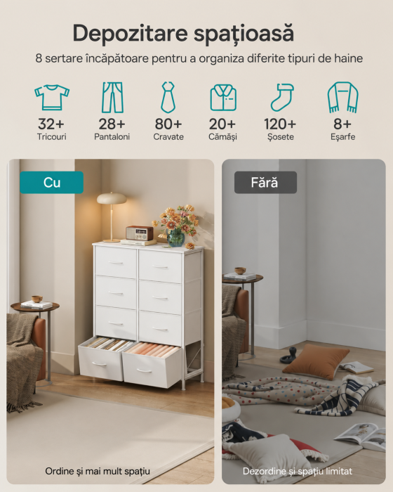 Comoda cu 8 sertare textile cu structura MDF, cadru metalic, stil minimalist, 77x30x95 cm, alb [5]