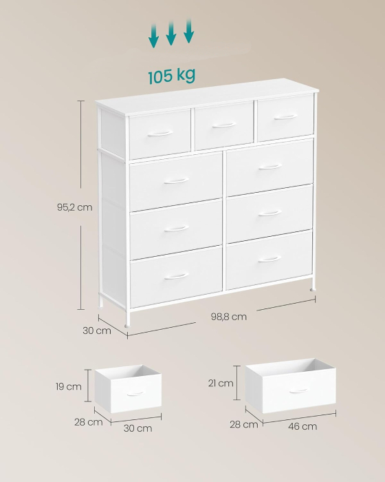 Comoda cu 9 sertare, cadru metalic si blat MDF, sertare textile, 99x30x95 cm, alb [4]