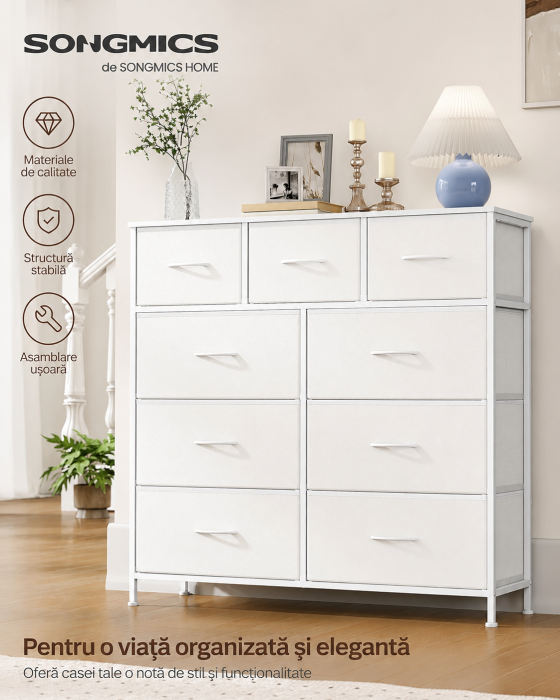 Comoda cu 9 sertare, cadru metalic si blat MDF, sertare textile, 99x30x95 cm, alb [7]