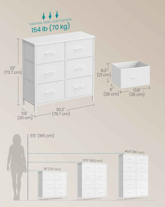 Comoda cu cadru metalic si blat MDF, 6 sertare textile, 77x30x74 cm, alb [2]