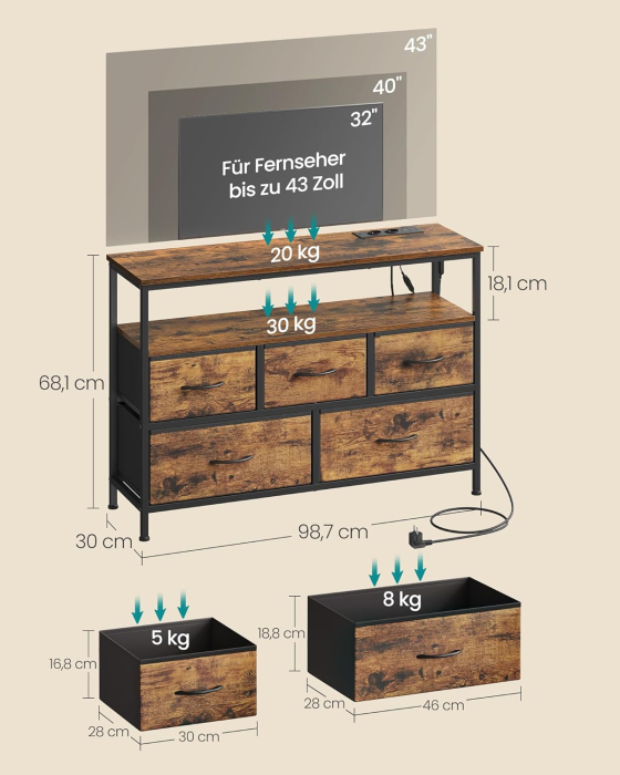 Comoda cu iluminare LED, statie incarcare cu prize si USB, 5 sertare si raft deschis, stil industrial, 99x30x68 cm, maro rustic [2]