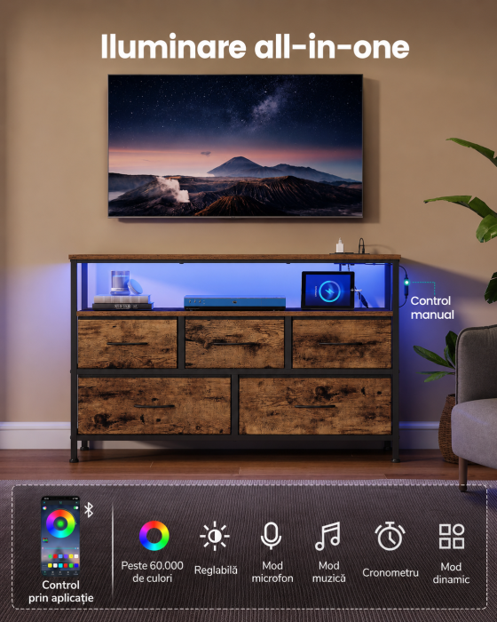 Comoda cu iluminare LED, statie incarcare cu prize si USB, 5 sertare si raft deschis, stil industrial, 99x30x68 cm, maro rustic [3]