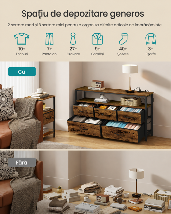 Comoda cu iluminare LED, statie incarcare cu prize si USB, 5 sertare si raft deschis, stil industrial, 99x30x68 cm, maro rustic [6]