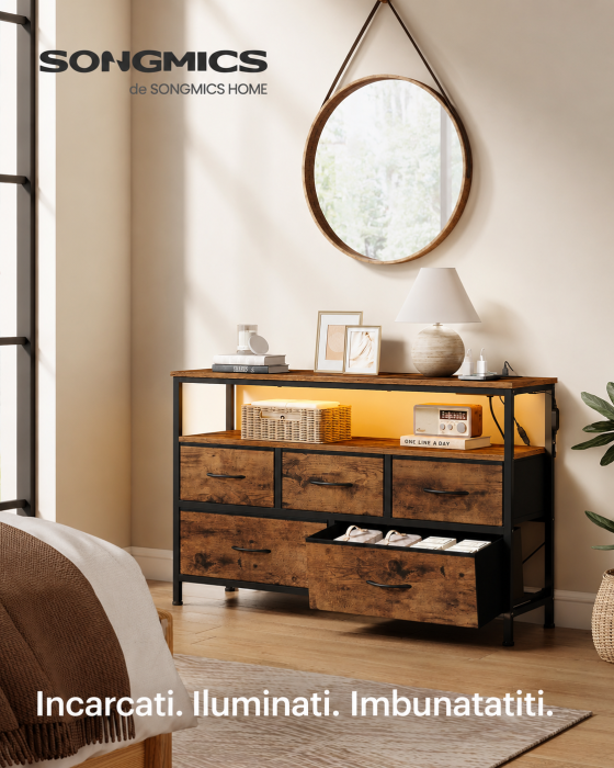 Comoda cu iluminare LED, statie incarcare cu prize si USB, 5 sertare si raft deschis, stil industrial, 99x30x68 cm, maro rustic [4]
