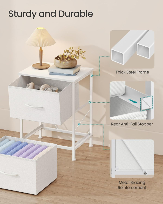 Comoda mica tip noptiera cu 2 sertare textile, cadru metalic si blat MDF, 40x30x52 cm, alb [5]