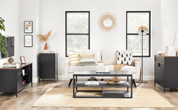 SONGMICS Comoda TV 120x40x55 cm, 3 rafturi reglabile, 2 usi, stil vintage, PAL si otel, maro-negru mat [9]