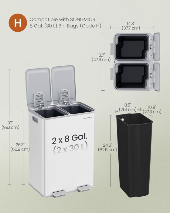 Cos de gunoi 2x30L, cu 2 compartimente, capac soft-close si galeti interioare, otel, alb mat [5]
