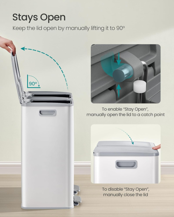 Cos de gunoi 2x30L, cu 2 compartimente, capac soft-close si galeti interioare, otel, alb mat [3]