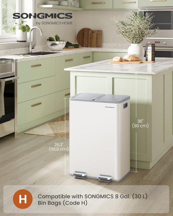 Cos de gunoi 2x30L, cu 2 compartimente, capac soft-close si galeti interioare, otel, alb mat [6]