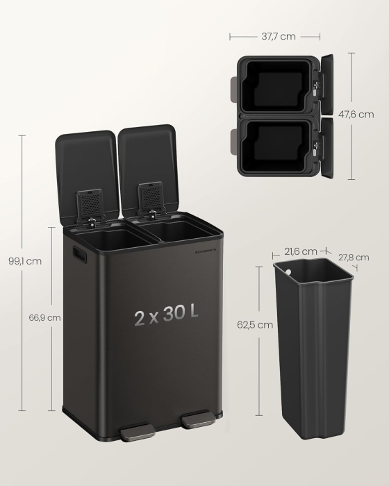 Cos de gunoi 2x30L, cu 2 compartimente, capac soft-close si galeti interioare, otel, gri antracit [7]