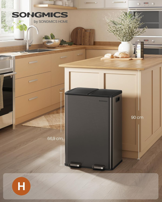 Cos de gunoi 2x30L, cu 2 compartimente, capac soft-close si galeti interioare, otel, gri antracit [6]