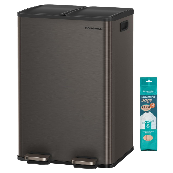 Cos de gunoi 2x30L, cu 2 compartimente, capac soft-close si galeti interioare, otel, gri antracit [8]