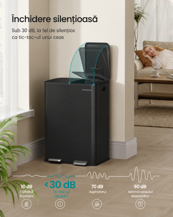 Cos de gunoi 2x30L, cu 2 compartimente, capac soft-close si galeti interioare, otel, negru [5]