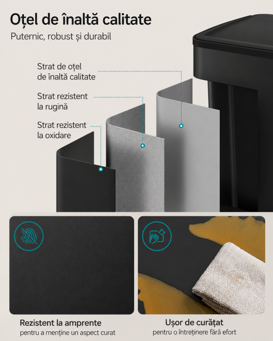 Cos de gunoi 2x30L, cu 2 compartimente, capac soft-close si galeti interioare, otel, negru [3]