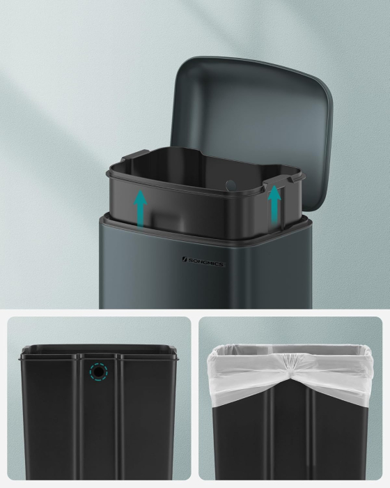 SONGMICS Cos de gunoi 34x25x61 cm, 30L, cu pedala, capac soft-close si galeata detasabila, verde-gri [6]