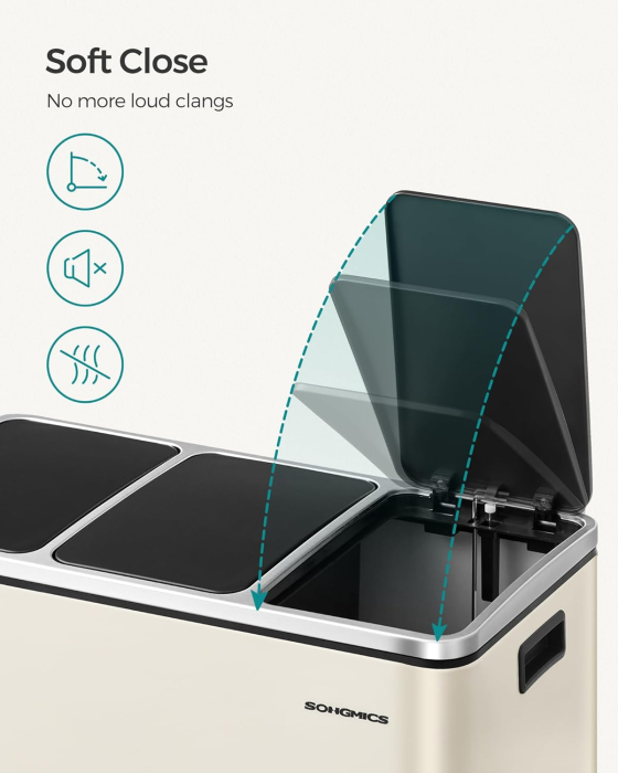 Cos de gunoi colectare selectiva cu 3 compartimente 3 x 18L, capace soft close, pedale, otel, 61x32x56 cm, bej [4]