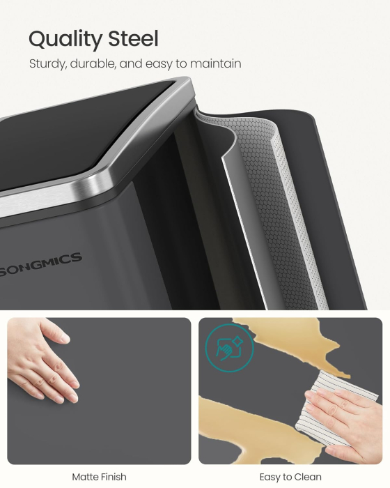 Cos de gunoi colectare selectiva cu 3 compartimente 3 x 18L, capace soft close, pedale, otel, 61x32x56 cm, gri mat [5]