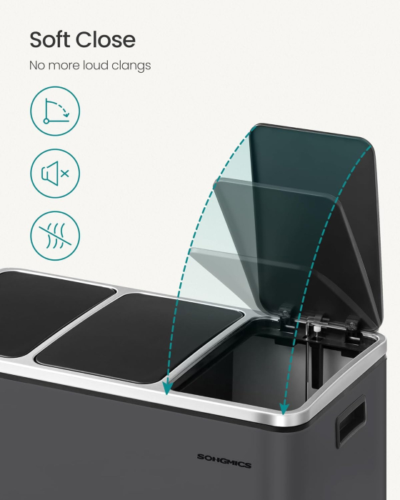 Cos de gunoi colectare selectiva cu 3 compartimente 3 x 18L, capace soft close, pedale, otel, 61x32x56 cm, gri mat [6]