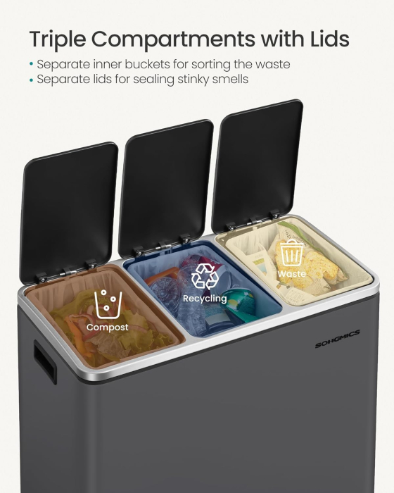 Cos de gunoi colectare selectiva cu 3 compartimente 3 x 18L, capace soft close, pedale, otel, 61x32x56 cm, gri mat [4]