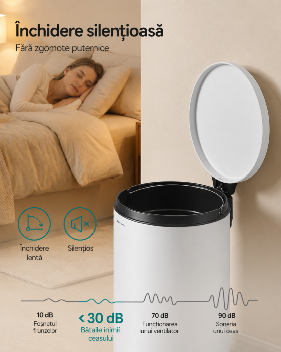 Cos de gunoi cu pedala, capac soft-close, galeata detasabila, otel, 30L, saci menajeri inclusi, alb [7]