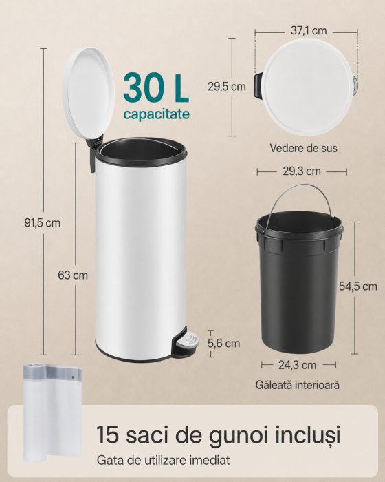 Cos de gunoi cu pedala, capac soft-close, galeata detasabila, otel, 30L, saci menajeri inclusi, alb [5]