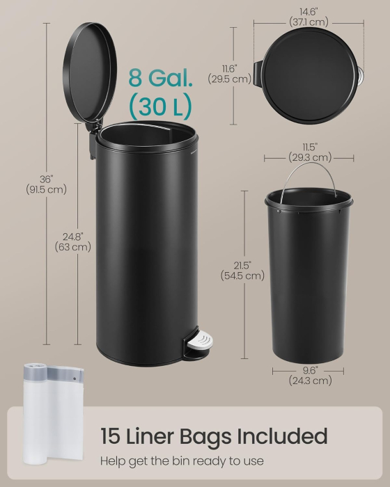 Cos de gunoi cu pedala, capac soft-close, galeata detasabila, otel, 30L, saci menajeri inclusi, negru [5]