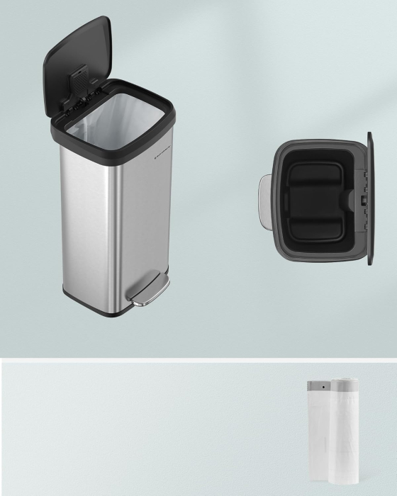 Cos de gunoi din inox, 68 L cu pedala, capac soft close, filtru de carbon pentru neutralizarea mirosurilor, argintiu [7]