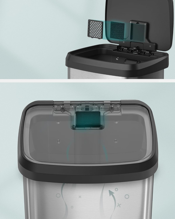 Cos de gunoi din inox, 68 L cu pedala, capac soft close, filtru de carbon pentru neutralizarea mirosurilor, argintiu [5]