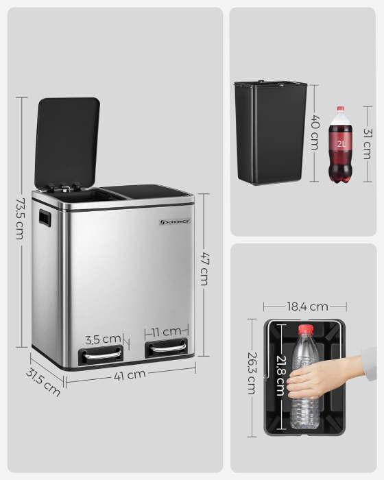 SONGMICS Cos de gunoi din inox cu 2 compartimente colectare selectiva, cu galeti interioare, 2x15litri, argintiu si negru [9]