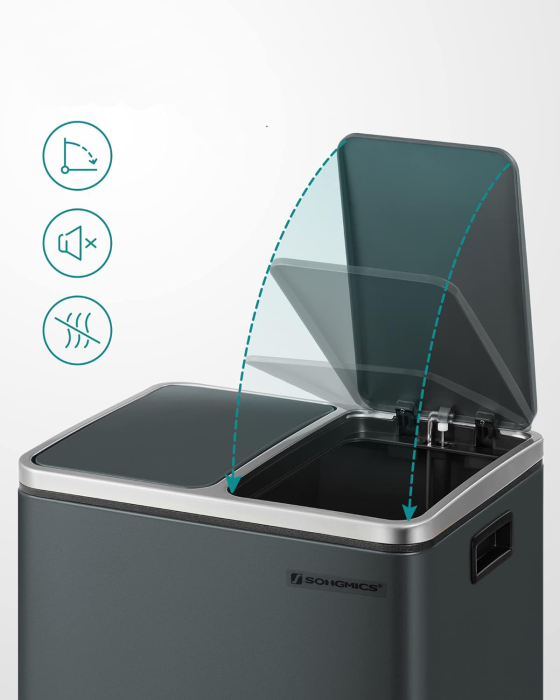 SONGMICS Cos de gunoi din inox cu 2 compartimente colectare selectiva, cu galeti interioare, 2x15litri, gri [7]