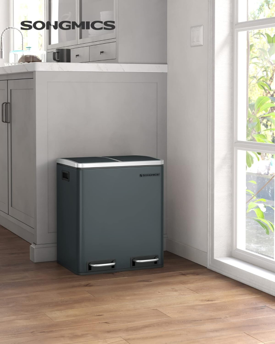 SONGMICS Cos de gunoi din inox cu 2 compartimente colectare selectiva, cu galeti interioare, 2x15litri, gri [3]