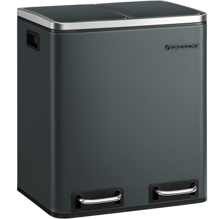 SONGMICS Cos de gunoi din inox cu 2 compartimente colectare selectiva, cu galeti interioare, 2x15litri, gri [1]
