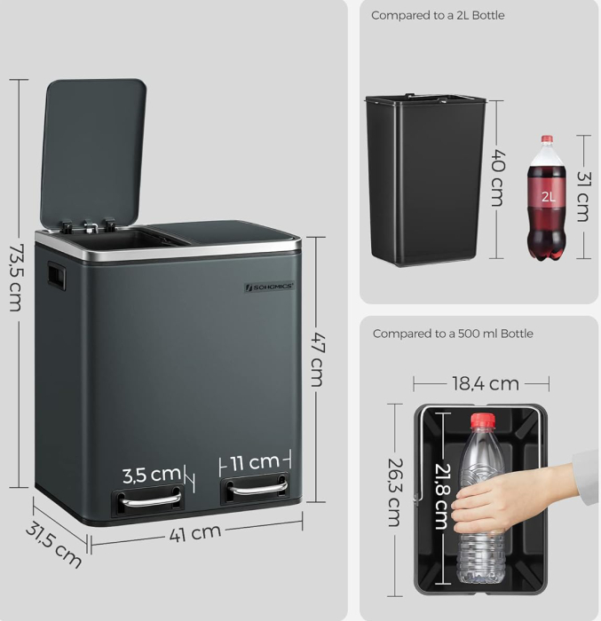 SONGMICS Cos de gunoi din inox cu 2 compartimente colectare selectiva, cu galeti interioare, 2x15litri, gri [8]