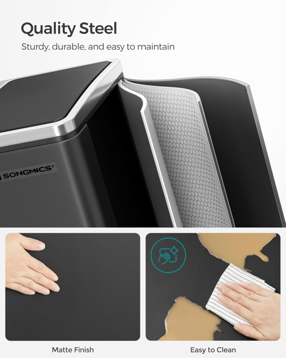 SONGMICS Cos de gunoi din inox cu 2 compartimente colectare selectiva, cu galeti interioare, 2x15litri, negru [3]