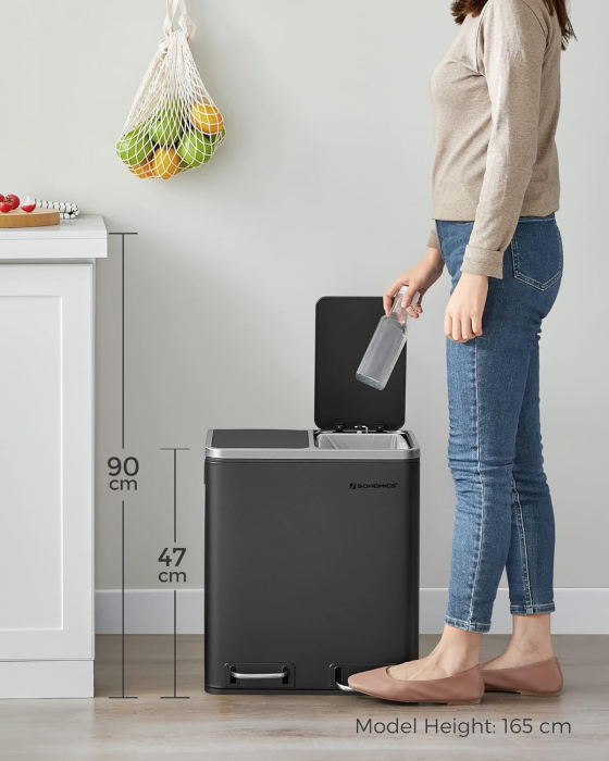 SONGMICS Cos de gunoi din inox cu 2 compartimente colectare selectiva, cu galeti interioare, 2x15litri, negru [7]