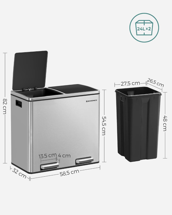 Cos de gunoi din inox cu 2 compartimente colectare selectiva, cu galeti interioare, 2x24 litri, argintiu [3]