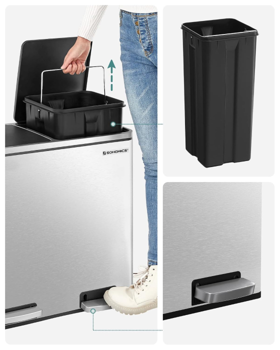 Cos de gunoi din inox cu 2 compartimente colectare selectiva, cu galeti interioare, 2x24 litri, argintiu [5]