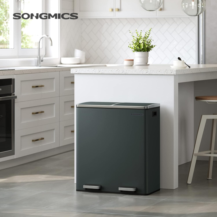 SONGMICS Cos de gunoi din inox cu 2 compartimente colectare selectiva, cu galeti interioare, 2x30litri, gri inchis [2]
