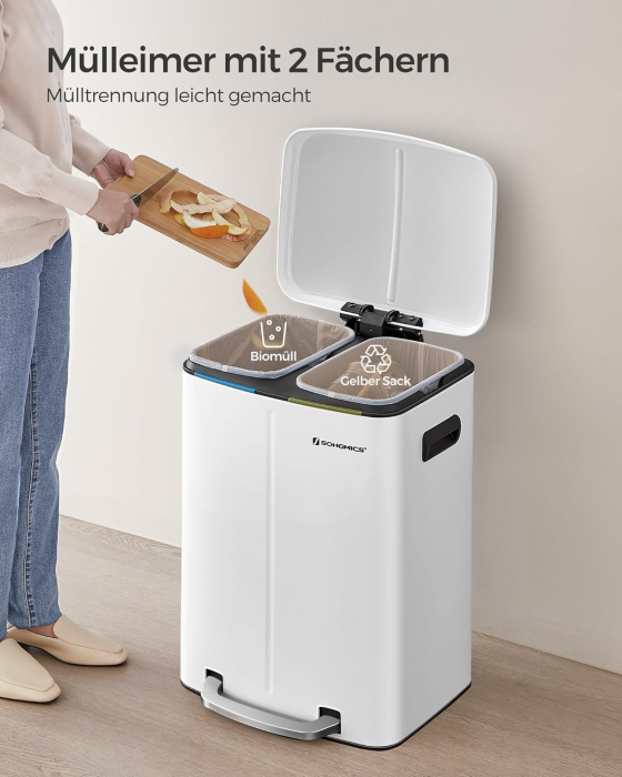 SONGMICS Cos de gunoi din inox cu 2 galeti interioare, colectare selectiva, 2x20 litri, alb [3]
