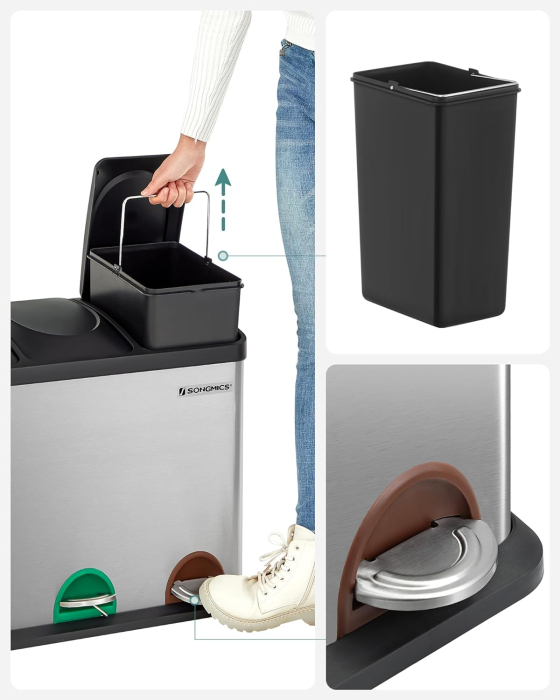 Cos de gunoi din inox cu 3 compartimente colectare selectiva, cu galeti interioare, 3x15litri, argintiu si negru [4]
