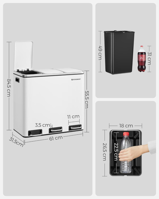 SONGMICS Cos de gunoi din inox cu 3 compartimente colectare selectiva, cu galeti interioare, 3x18litri, 62x32x56cm, alb [9]