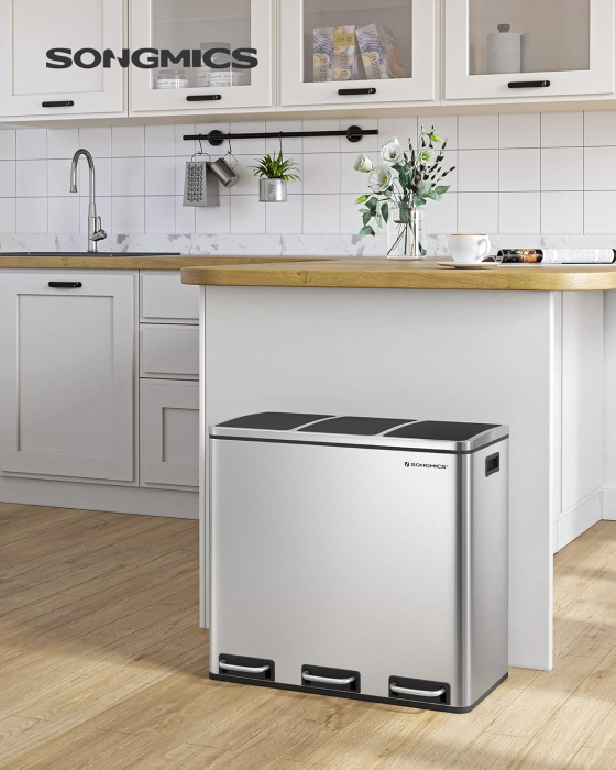 Cos de gunoi din inox cu 3 compartimente colectare selectiva, cu galeti interioare, 3x18litri, argintiu si negru [2]