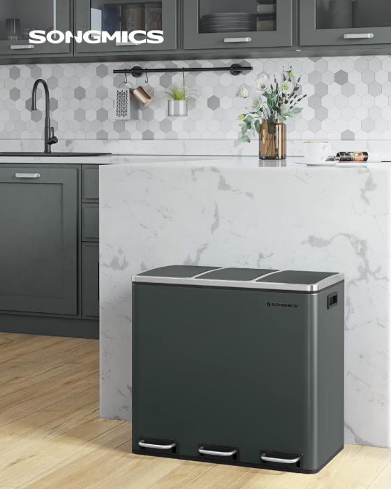 SONGMICS Cos de gunoi din inox cu 3 compartimente colectare selectiva, cu galeti interioare, 3x18litri, gri inchis [2]